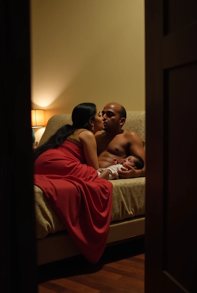 Mee seeing through the door,a Hot Young Indian Lady with dusky skin, Wearing a red saree, lying on bed,Kissing a Shirtless Fat Old Man on Lips, Their Baby Sleeping in a Cradle beside the Bed, Camera Clicking Through the Bed room Door, Landscape Shot, Dim L...