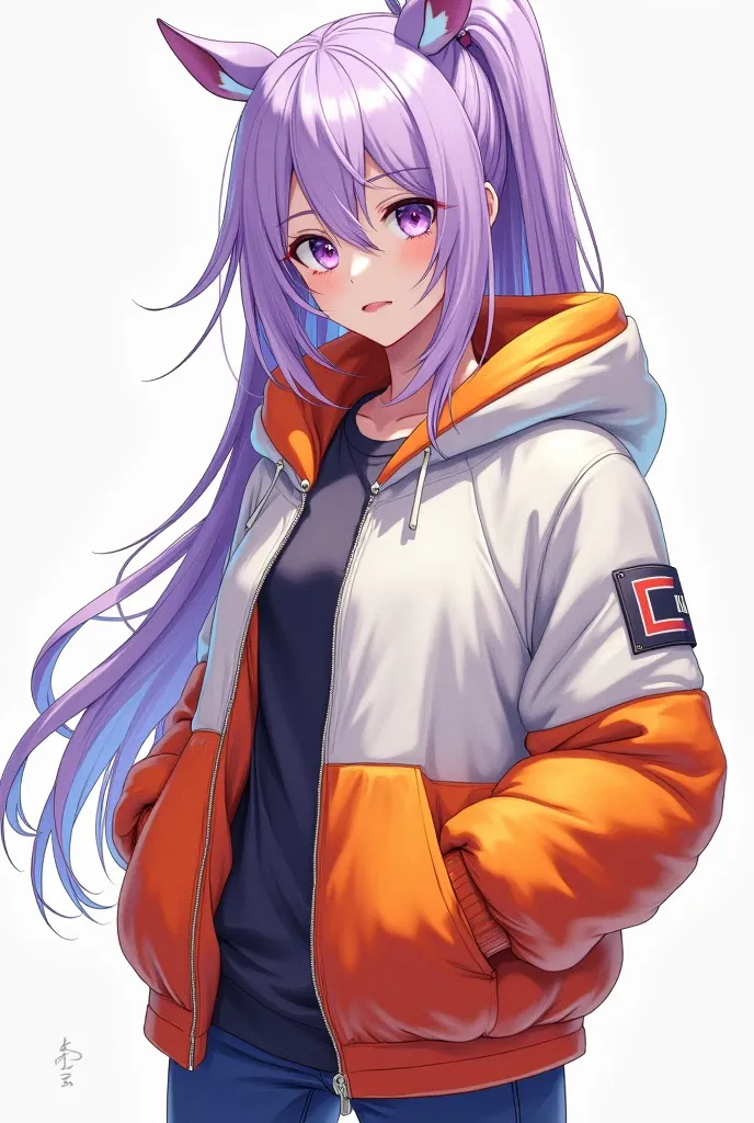 anime character dressed in white and orange jacket, in the style of cyberpunk, dark white and light violet, precise brushwork, automatism, official art, lucid developments of his subjects, high detail --ar 1:2 --stylize 750 --niji 6