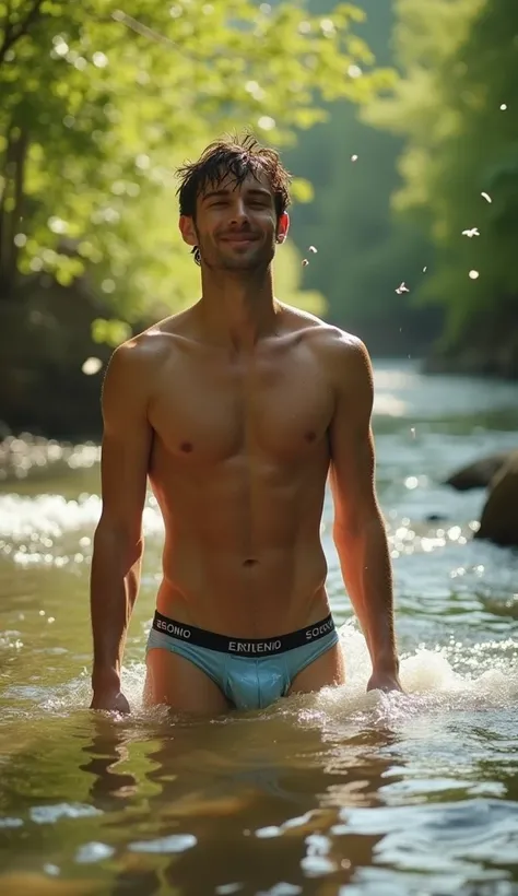 A young man, 22 years old, very handsome and cute, was bathing in a clear river wearing underwear, the water only reached his knees. his body was wet, reflecting the warm sunlight. His face wore a happy and peaceful expression, with a charming faint smile....