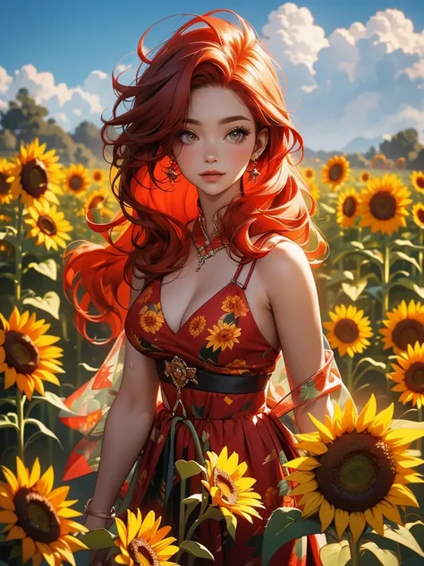 Beauty with fiery red curls in a transparent top with floral patterns, that highlight her sexy breasts, surrounded by a field of sunflowers.
