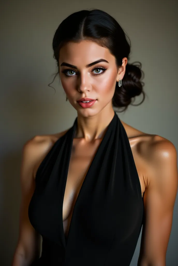 She is a top fashion model in a black dress that emphasizes her large breasts. Portrait.