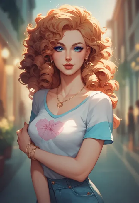 A close up of a beautiful woman with curly hair, dark, she is wearing a light blue t-shirt , humanized. Her eyes are expressive and detailed brown, Dreamer, in fashion,  vibrant art .