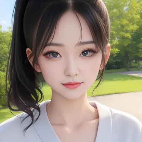 (f/2.8, 135mm, Sony FE, UHD, masterpiece, anatomically correct, super detail, best quality, 8k)、soft writing、focusing on the face、Woman walking in the park、 30-year-old Japanese 、Ordinary housewife、 Black Hair Low Ponytail 、Straight hair、Close up photo wit...