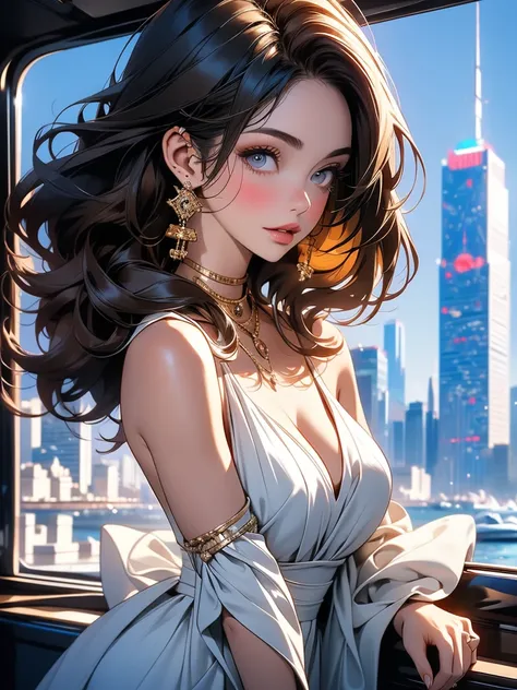 A brunette with a square in a satin dress with a deep neckline, skyscraper emphasizing her lush chest, against the background of a luxury yacht.
