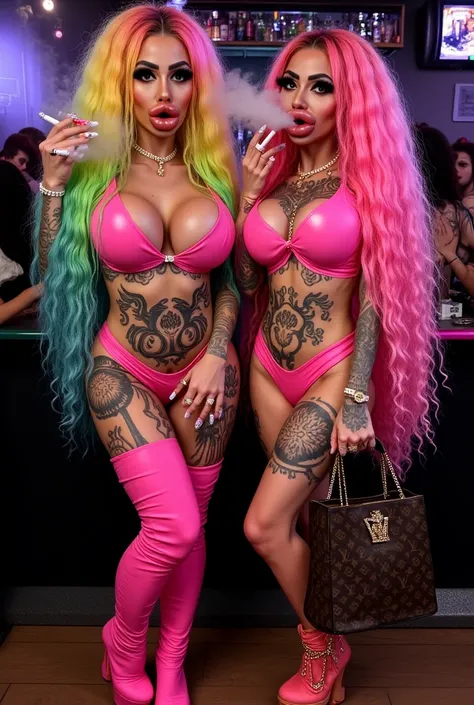 2 trashy dumb smoking chav bimbos, slutty chavs smoking bimbodolls, many tattoos, very long curly hair extensions, colored hair, fully clothed, fur boots, very high platform heels, hair extensions in crazy colors, holding louis vuitton bag, British Chavs, ...