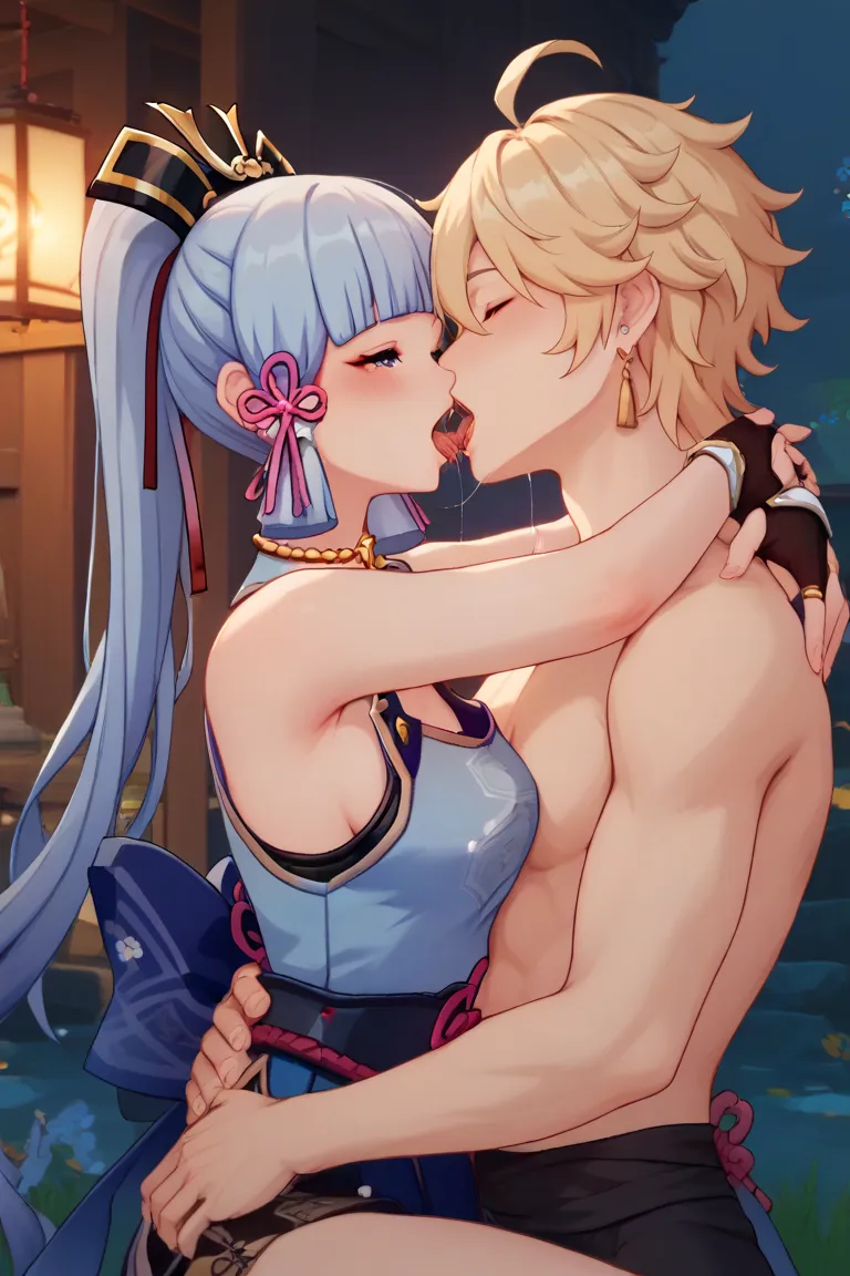 Ayaka from genshin impact, ,(((sleeveless))), kissing with men, deep kiss, hug, leg up, saliva, tongue