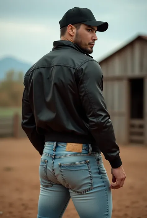 Realistic photograph , 30-year-old muscular (((athletic man))) , , view from below, in profile, black jacket and tight pale blue levis jeans , in profile, Big butt, viendo a cámara, at the ranch, big ass, sexy man, very big butt, nalgas marcadas in profile...