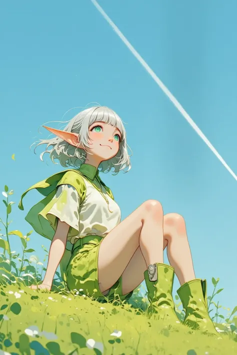 1 elven lady, solo, silver bob cut, blunt bangs, green eyes, Pointy Ears. beautiful legs, white and lime green outfits, oversized clothes and shorts, short boots, sitting on the green field, blowing the wind, fluttering hair, petals, looking up the sky wit...