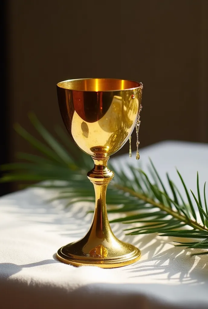 A golden chalice (like those used by Catholic priests for the Consecration of Wine), with drops of wine running down its edges; a large, long palm branch is placed beside it; both are on a white cloth placed on a table