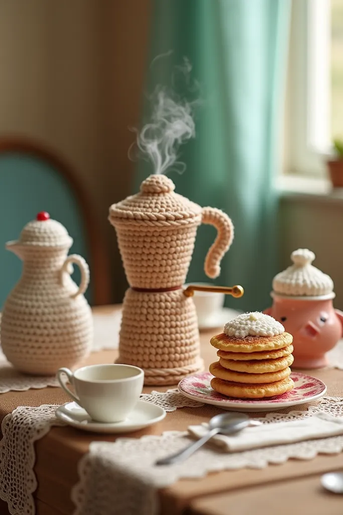 Design a cozy crochet coffee station with a vintage-style coffee machine, tiny crochet coffee cups, and a steaming crochet milk frother. A crochet sugar jar with a tiny spoon sits beside a stack of crochet pancakes on a wooden-textured crochet table. The a...