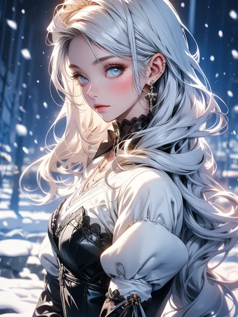 A girl with snow-white hair in a lace corset, accentuating her chest,  against the snowy mountains .
