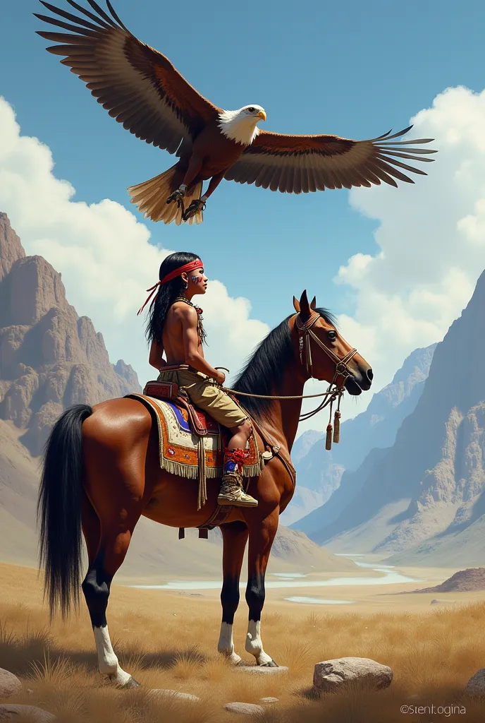 Native american boy riding horse, watching eagle fly