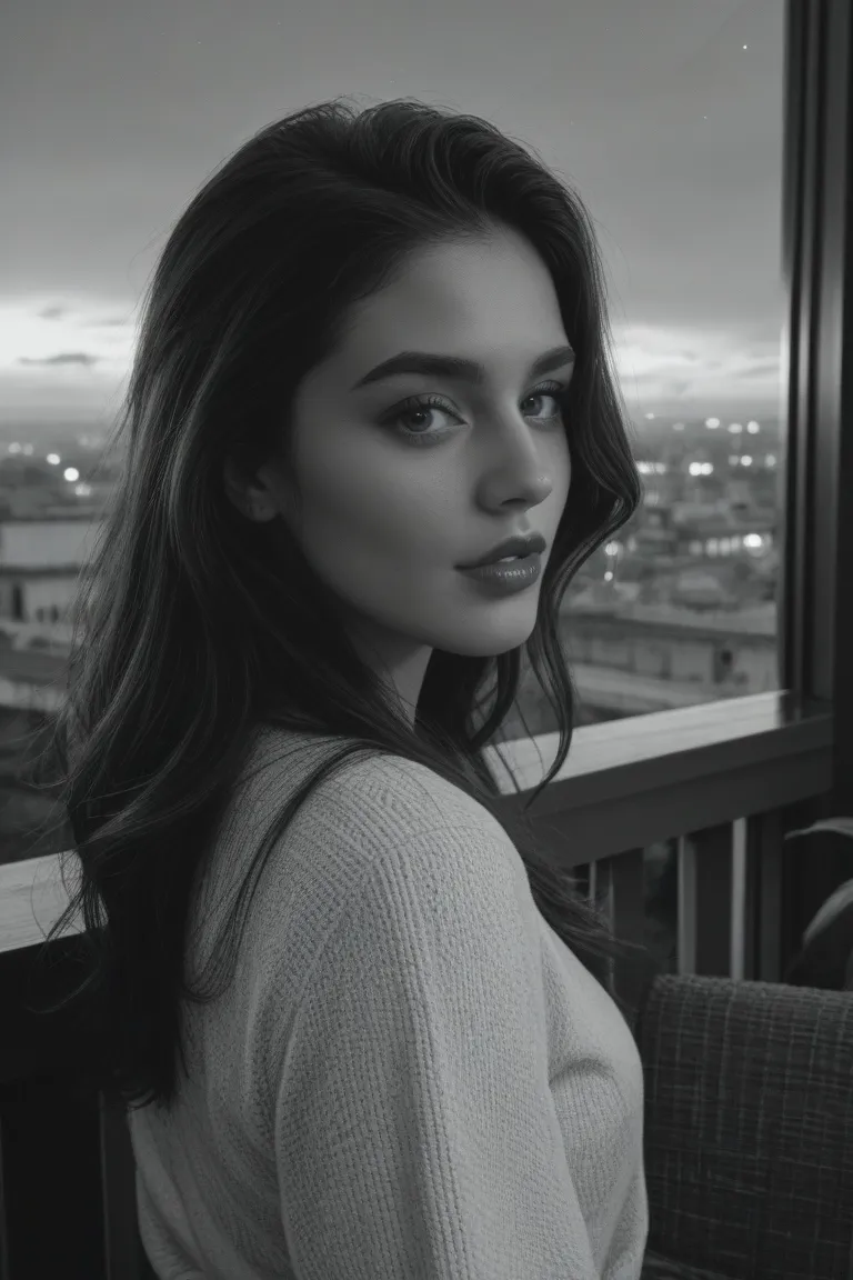  Highly detailed professional photograph of the face of a Spanish woman with long straight black hair, in black and white foreground only burgundy lips and light brown eyes. On a balcony at night looking at the stars  Studio lighting. Raw photography.Intri...