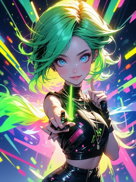 A girl with green hair in a neon top, highlighting her chest, dancing in a club with laser lights.
