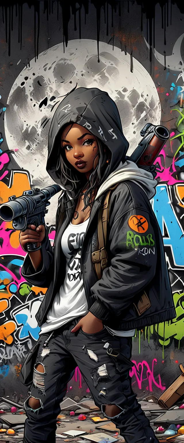 ((Post Apocalyptic Wasteland, abandoned place,  rubble , destruction, destroyed buildings graffiti on the walls:1.5)), ((1 beautiful dark girl, tattered clothing with a hood and a bazooka in his hand about to fire, dynamic pose, epic:1.6)), (( dark backgro...