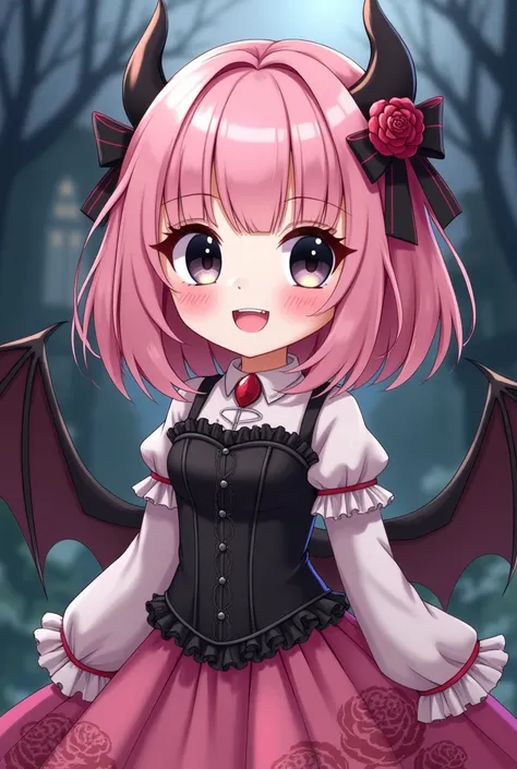 Styled anime girl, with dark circles under her eyes, chibi style, silk pink hair, black iris, eyes white is showing with eyelashes, ruffled black corset with loose sleeves and pink skirt with flowers pattern, she has little fangs and black bat's Wings from...