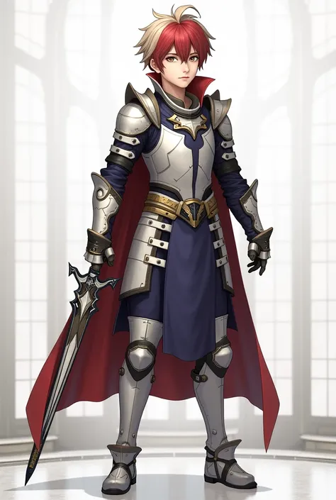 A young red-haired warrior with golden eyes , wearing light silver armor with black details