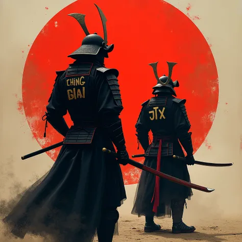 The samurai on the right is wearing black armor、written on the armor「The JTX  」written on it、Holding a sword in his hand、Written on armor「The JTX  」The character、black delicate armor、、engraved on the shoulder rest、Alone, HD, anatomically accurate, top qual...