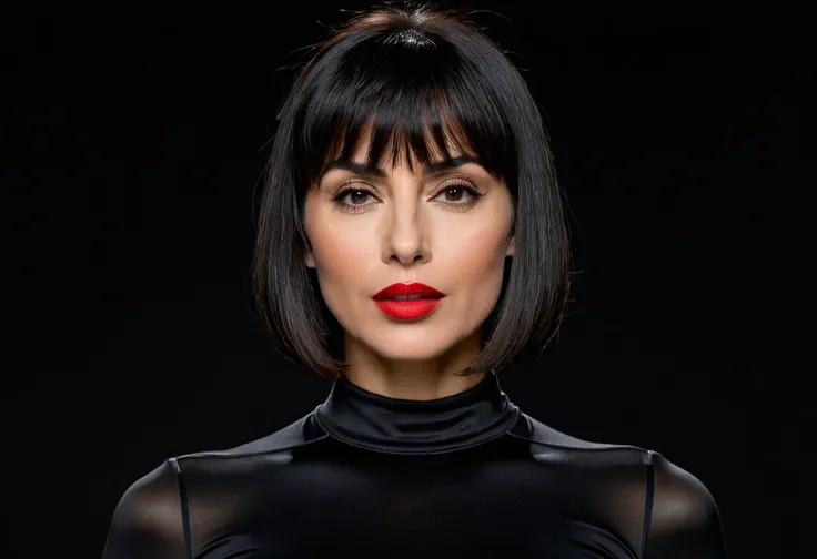 (masterpiece, best quality:1.2), voice actress, born on January 28th 1974, 1girl, Esmeralda Bonetti, slim female, estonian female, italian female, solo, mature female, blunt bangs, very short hair, red lips, black compression shirt, serious, wide lips, clo...