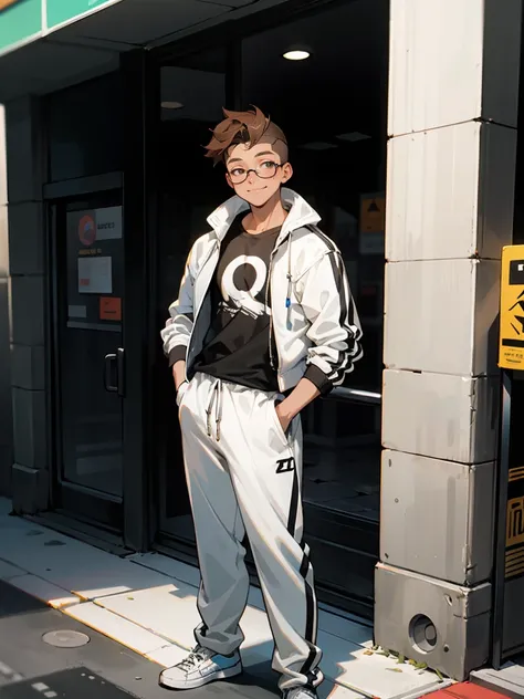 A young male wearing glasses while standing on the sidewalks of new york,  wearing a Black Fitted T-Shirt with White Circle Graphics and white sweatpants and a white jacket with black circle graphics , as he holds a smiling expression he has messy low cut ...