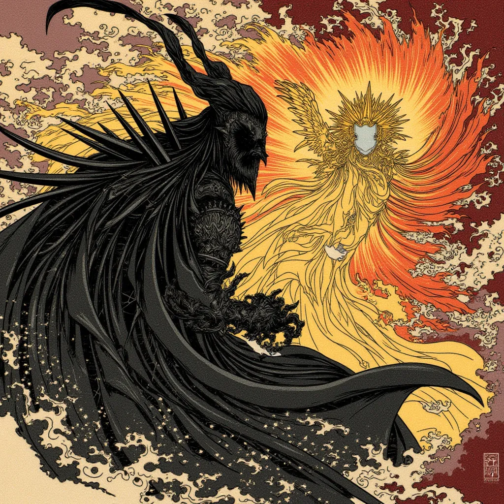 Ukiyo-e style artwork of an epic battle between two deities. One is a towering warlord of darkness, draped in a heavy black robe that flows ominously. His jagged obsidian armor is adorned with spikes, exuding raw menace. His face is entirely hidden beneath...