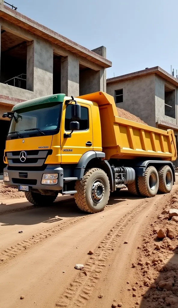 A powerful 2006 yellow Mercedes-Benz 1620 dump truck is parked in a house under construction in the city of Uberaba, MG., loaded with medium construction sand. The truck is in the process of unloading, with the hydraulic platform starting to slope, allowin...