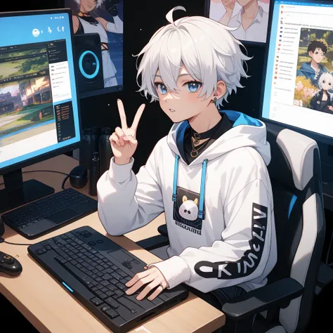  boys、 hoodie、white、white髪、 V tuber 、 anime style、Game、mouse、pc、stamp、Background Transparent