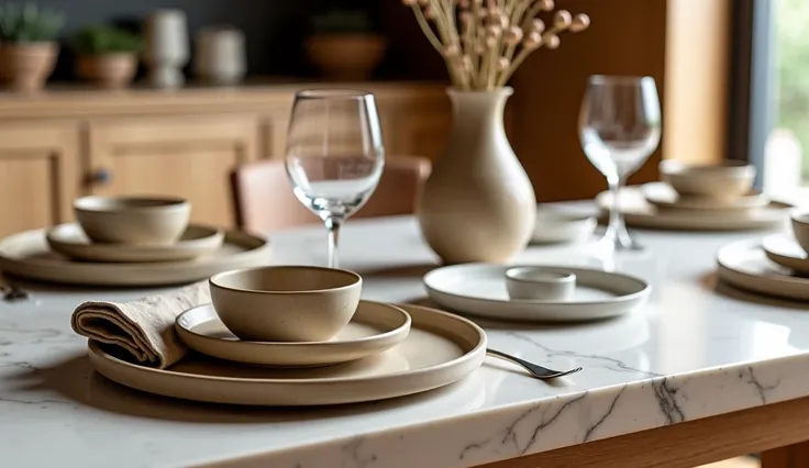 Une table de cuisine contemporaine en bois clair avec un plateau en marbre blanc veiné, mise en scène pour un repas élégant. Les sets de table en lin texturé coloris beige sable et taupe créent une ambiance naturelle et raffinée. La vaisselle en céramique ...