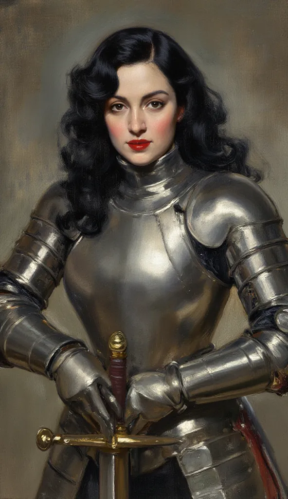 Realistic image of Julie D'Aubigny with wavy black hair,  wearing armor. Her face is flashy, with red lipstick on her lips, she is holding a fencing sword and wearing a swordsman's hat. Her gaze is dominant and challenging, with a touch of seduction , impo...