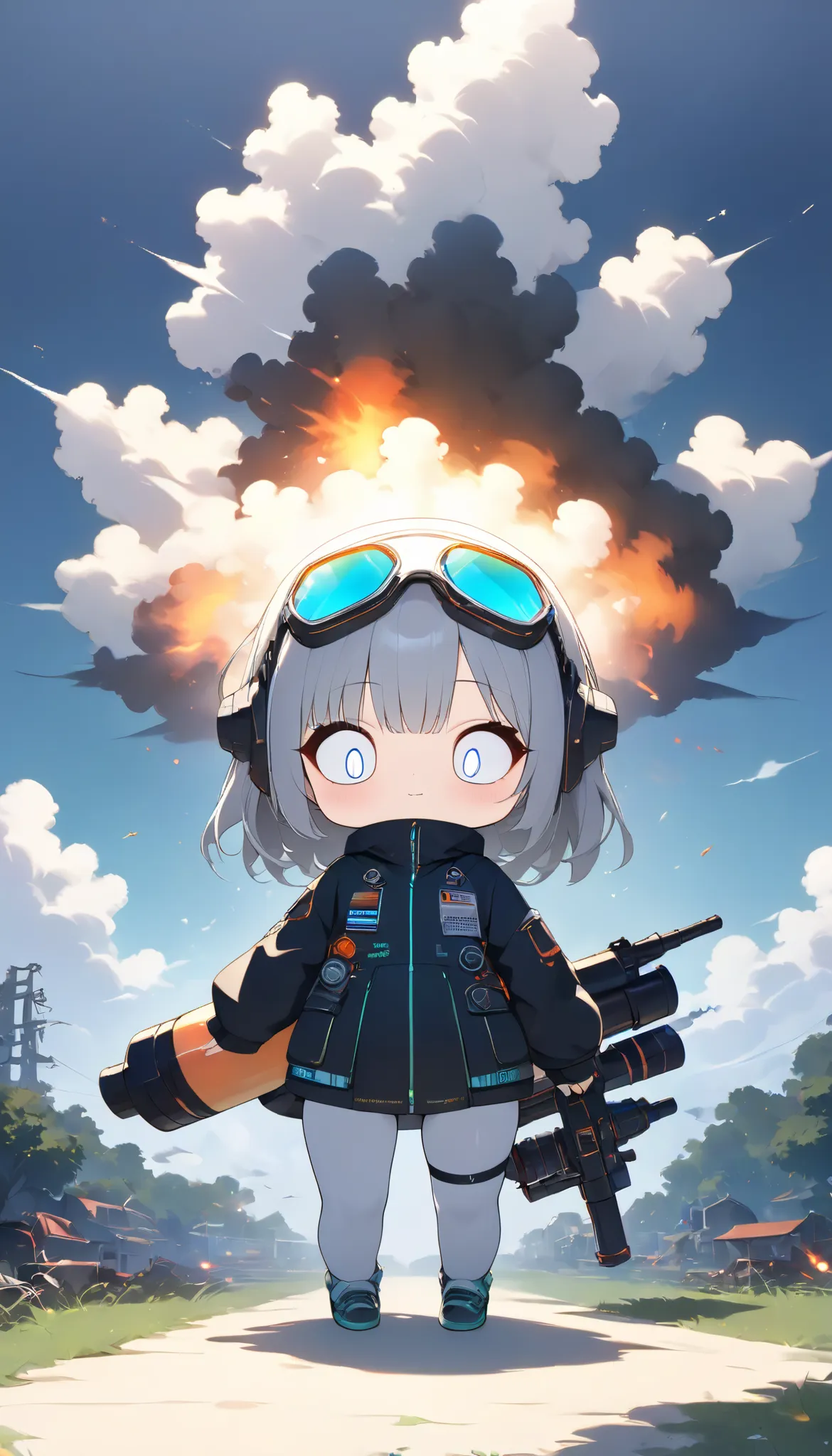 Ultra High Definition, antique retro cyber style, a state-of-the-art cyborg fires a bazooka into the sky, Smoke becomes a small cloud, 0__11Xx _Illusive explosions, only one cloud generated in a clear sky, Optimal parameter adjustment, amazing quality, mas...