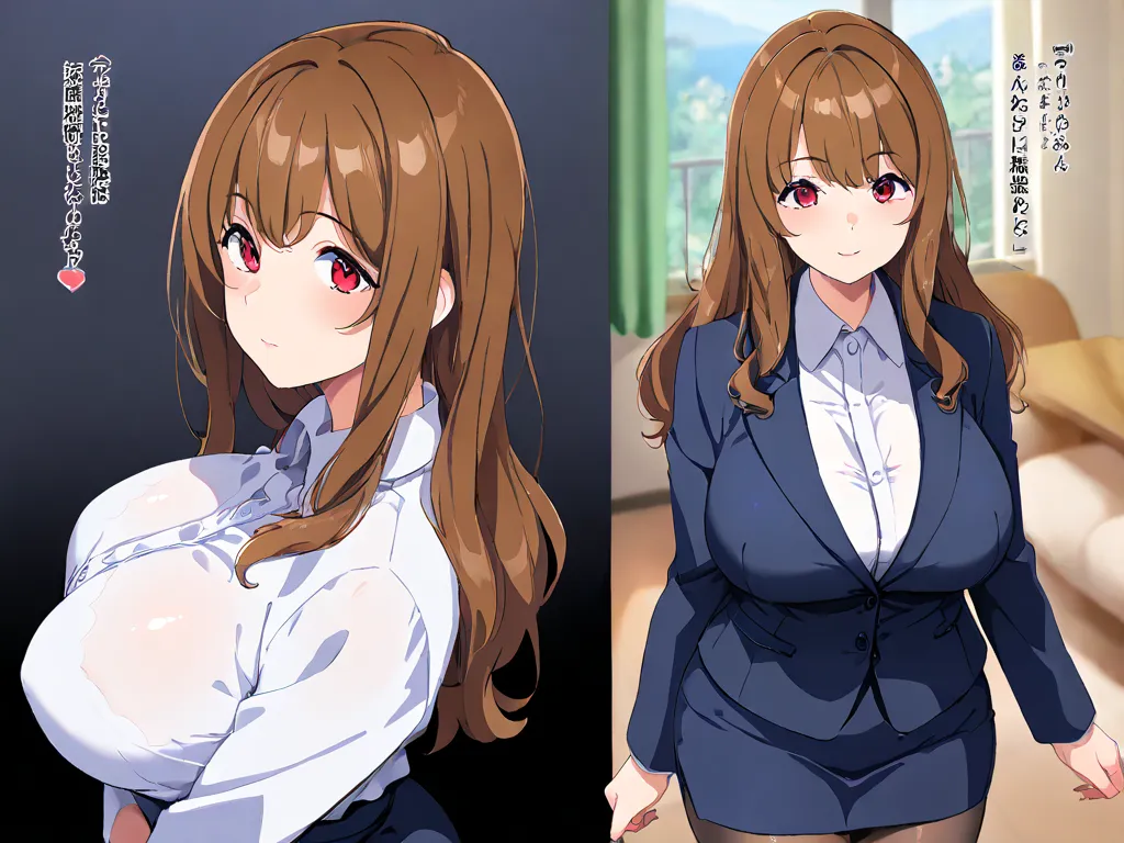 masterpiece, (((( the best quality )))), Japanese anime ,character profiles , shiny skin,  white shirt,  skirt suit , long hair,  brown hair,   Female, mature woman,  red eyes, black tights, Big breasts