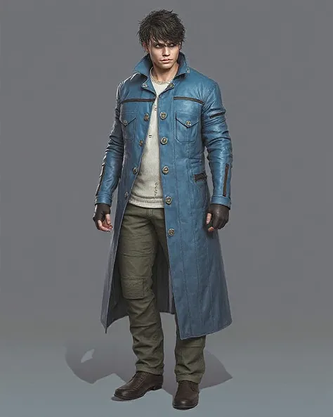 Devil May Cry style,Secret Agent,Tall menacing man, fair skin, voluminous and frizzy black hair,small beard threads, half-open eyes , Small glasses, long military leather jacket in blue with black lines,  white sweater, Military fingerless glove holster, d...