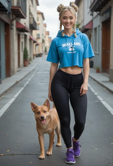 Asian/Scandinavian woman. Blonde hair with twin buns, bangs and braids. Bright blue eyes. Smiling.tall, Athletic, intimidating. Grey sweat pants, Violet t-shirt, baby blue hoodie. Purple sneakers.  Walking two dog/Wolf's. One black. One white.