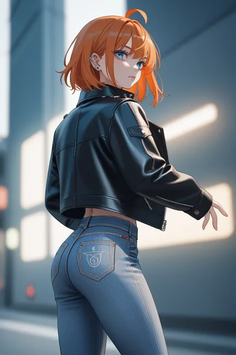 1girl, Long Hair, orange hair, ahoge, blue eyes, anime-style,  detailed, leather jacket, Anatomically Correct, thick lines, twitter style, fanart, jeans, 