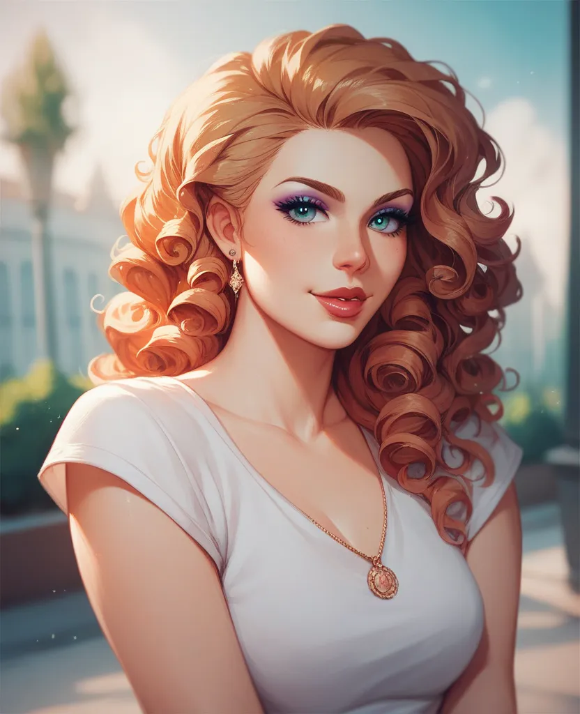 A beautiful woman with curly hair, dark, she is wearing a light blue t-shirt , humanized and ultra-realistic portrait photo. Her eyes are expressive and detailed brown, Dreamer, in fashion,  vibrant art .