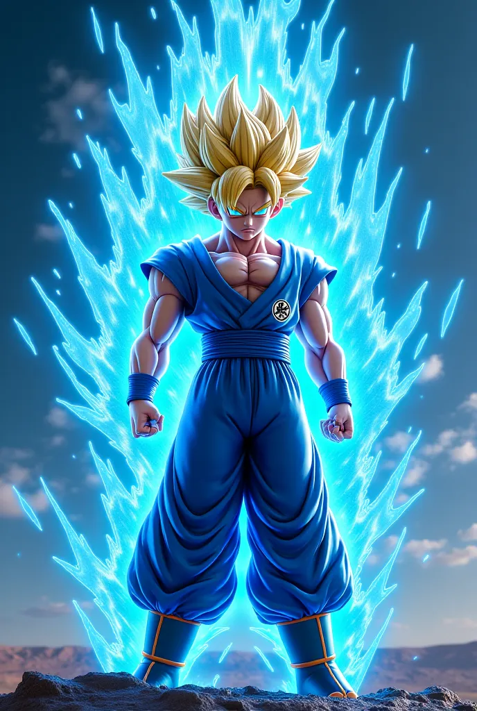 Create a very realistic image of Goku super Saiadin Blu with a blue aura 