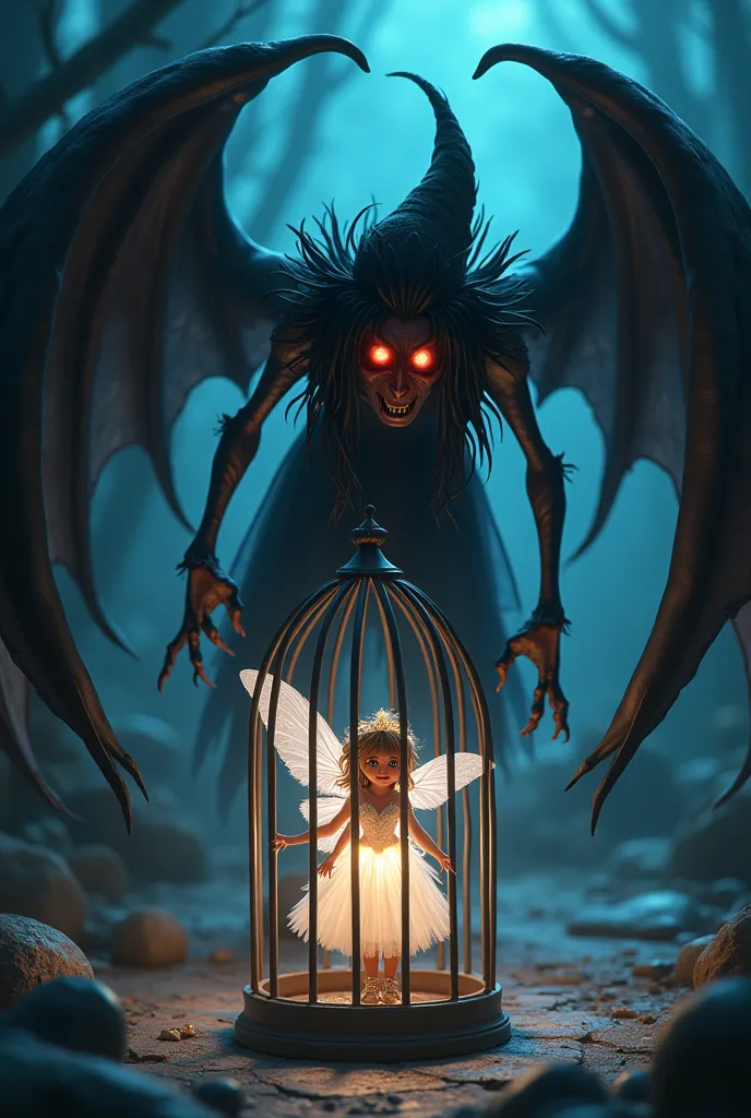 A back witch with long nails red eyes and black big wings captured a A white fairy with sparkling eyes white big wings with long white dress in a cage 3D cartoon type pic