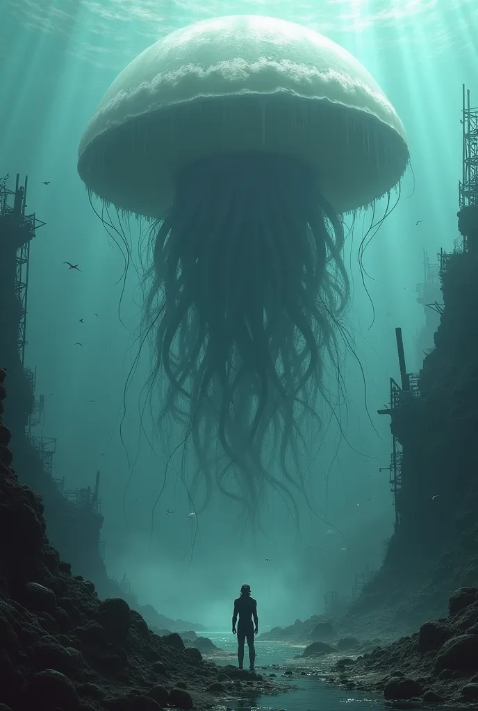 giant jellyfish Many tentacles grow from the head.　The head is light gray　The tentacles are black　seabed A devastated world　 collapsed buildings , There is a diver, that looks very small next to the giant medus, Sun rays, little marine fauna