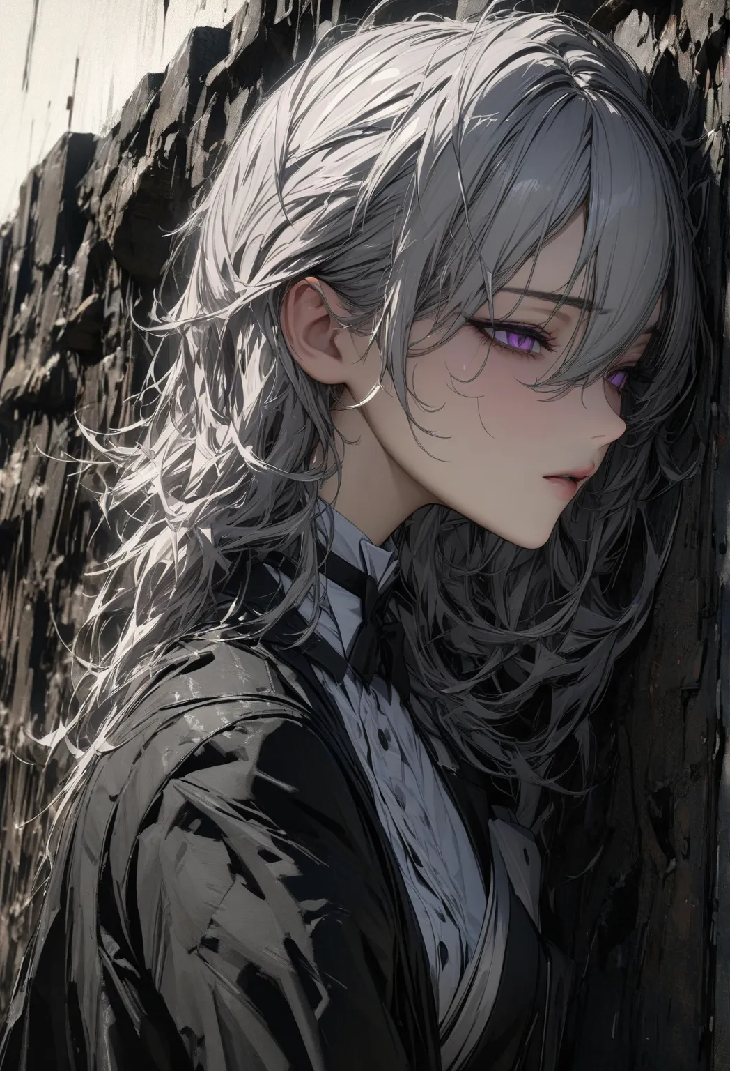 Young woman, strong body, solo, silver hair, hair between eyes, messy hair, blank eyes, purple eyes, butler, black suit, unconscious, from side, high detail, UHD, masterpiece, 16k, highres, best quality, high quality, high details, super detail