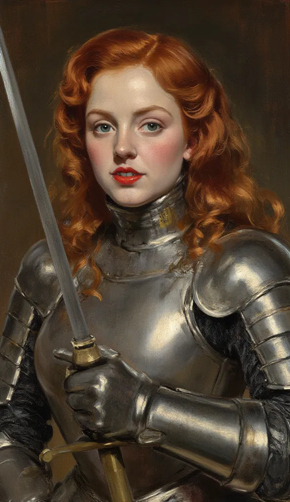 Realistic full-body image of Julie D'Aubigny, a fencer with crisp red wavy hair,  wearing armor. Her face is flashy, with red lipstick on her lips, she's holding a fencing sword in an attack position. Her gaze is dominant and challenging, with a touch of s...