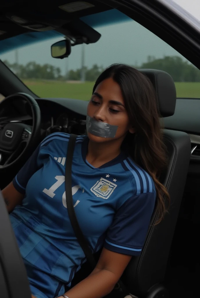 When the car sped off, the sexy woman in the Argentinian jersey was motionless in the backseat, with her mouth taped shut.