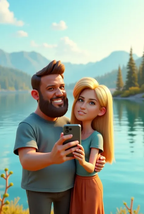 there is a man and a woman taking a selfie at the water's edge, in a detailed lake in the background, the indigina man a little fat with a beard and short hair, and a white woman with straight blonde hair a little fat, 3d pixar style.