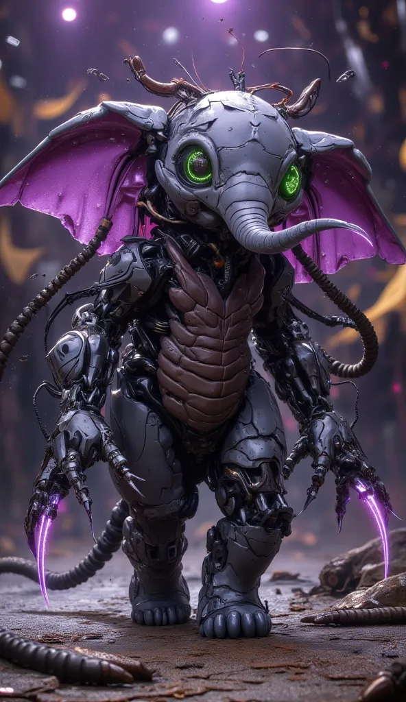 Hyper-realistic image. High quality, 8K Ultra HD. Dumbo, now a grotesque fusion of flesh, metal, and viral biotechnology, retains his rounded baby elephant silhouette, but distorted by cybernetic implants and plant-based organic sprouts. is walking on all ...