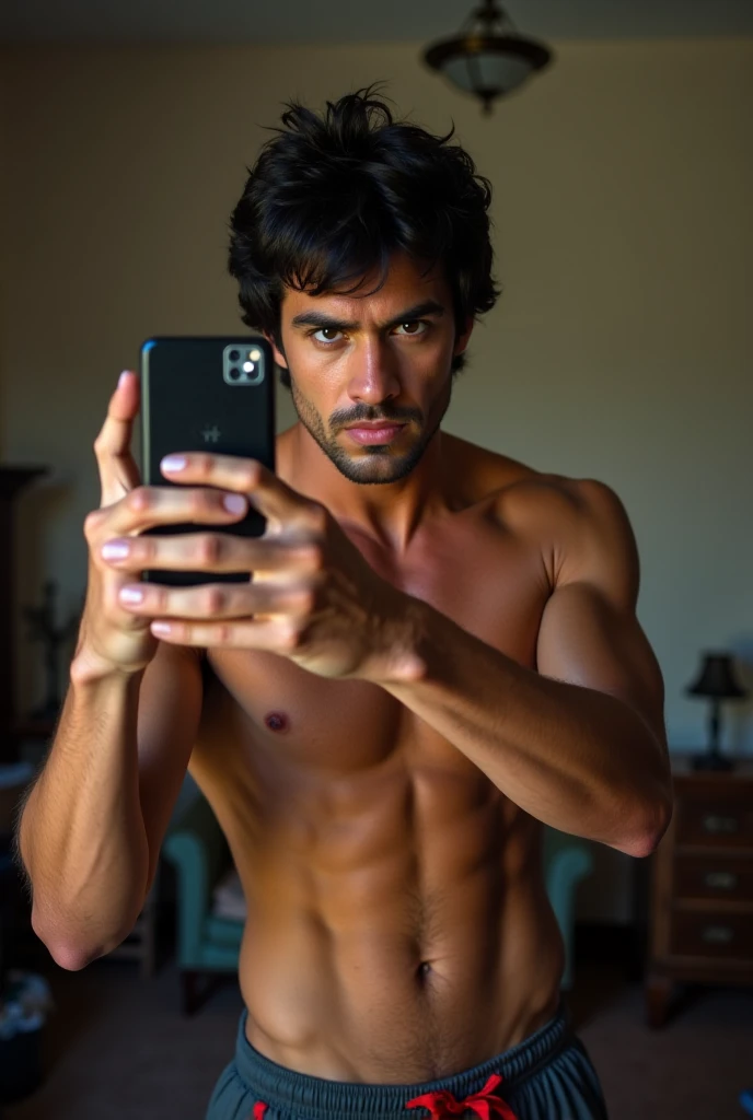 Brazilian man taking a photo using a his hand,looking like Bruce Lee,topless with tracksuit pants in a bedroom 