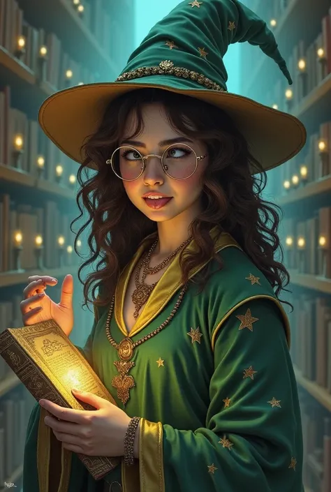 in the style of a D&D character Portrait, Priscilla "Pris",Pris is a young female magician with riotous long curly dark hair in rivers, freckled face, & Huge round glasses perched on her nose, wears a flowing emerald-green robe adorned with subtle golden s...