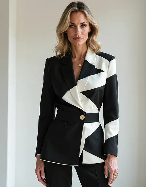 WOMAN ((small wrinkless)), 172 cm tall, 84 kg, 42 years, a little thicker, Create a fashion collection designs inspired by geometric figures, paintings, stripes, black and white trianglesCreate a fashion collection designs inspired by geometric figures, pa...