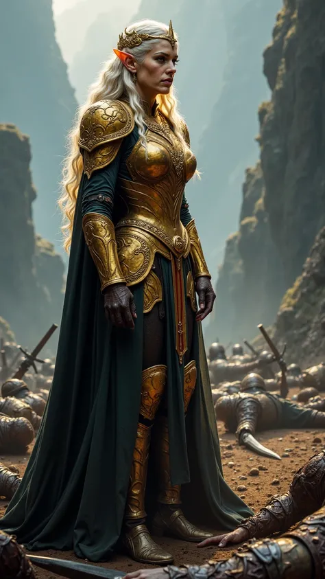 The image features a majestic and imposing elven warrior, captured from a low angle that accentuates her authority and commanding presence. Her determined gaze and firm posture convey an aura of leadership and power. She wears richly detailed golden armor,...