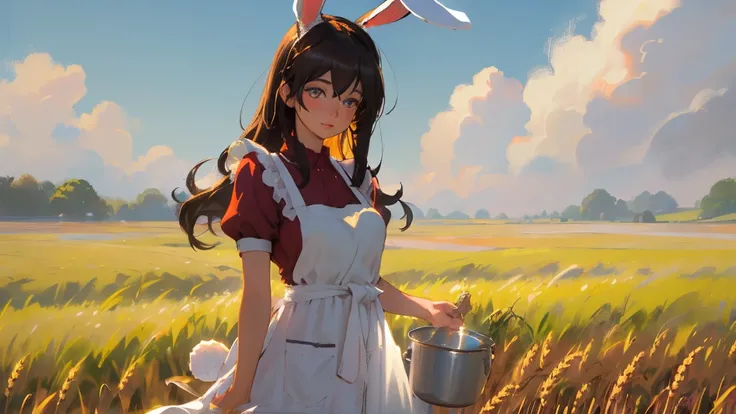 Short, featuring a busty rabbit girl wearing nothing but a red apron standing in a stunning wheat field. is soft for her, The brown fur contrasts beautifully with the golden color of the wheat. with a calm and calm expression on her face, looking at the, d...