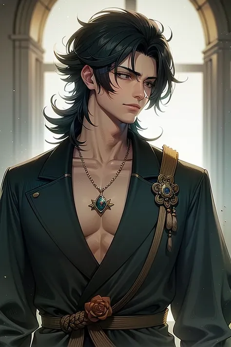 anime - style image of a man with a necklace and a necklace on his neck, handsome guy in demon slayer art, beautiful androgynous prince, inspired by Okumura Masanobu, delicate androgynous prince, anime portrait of a handsome man, anime handsome man, inspir...