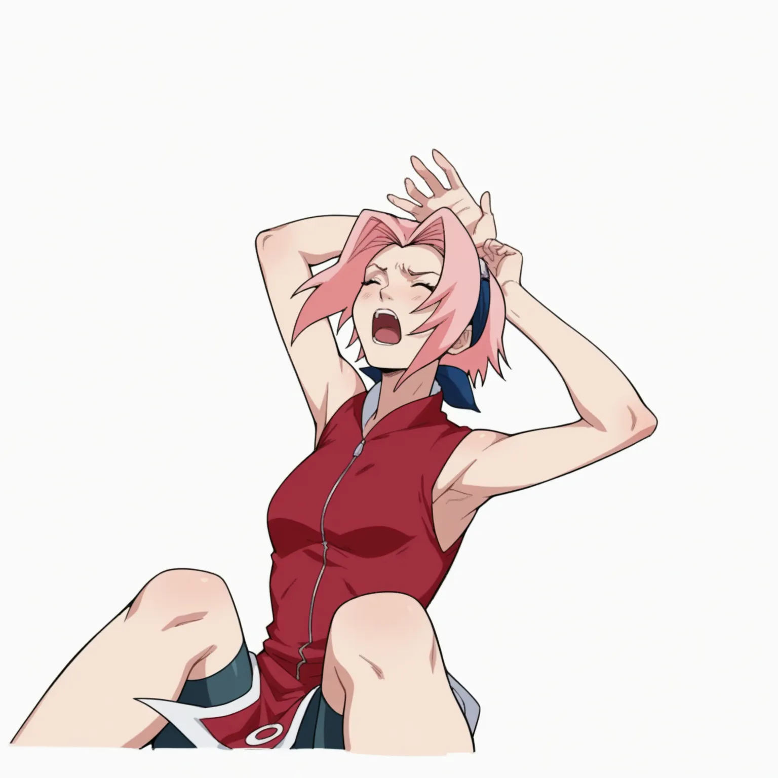 (side angle), slender tiny waist. sexy body, sexy figure, sexy, tiny waist, desireable, tempting, lust, haruno sakura, pink hair, short hair, sleeveless, red shirt, forehead protector, bike shorts, petite-body, bodysuit, skin tight, slender body, tiny wais...